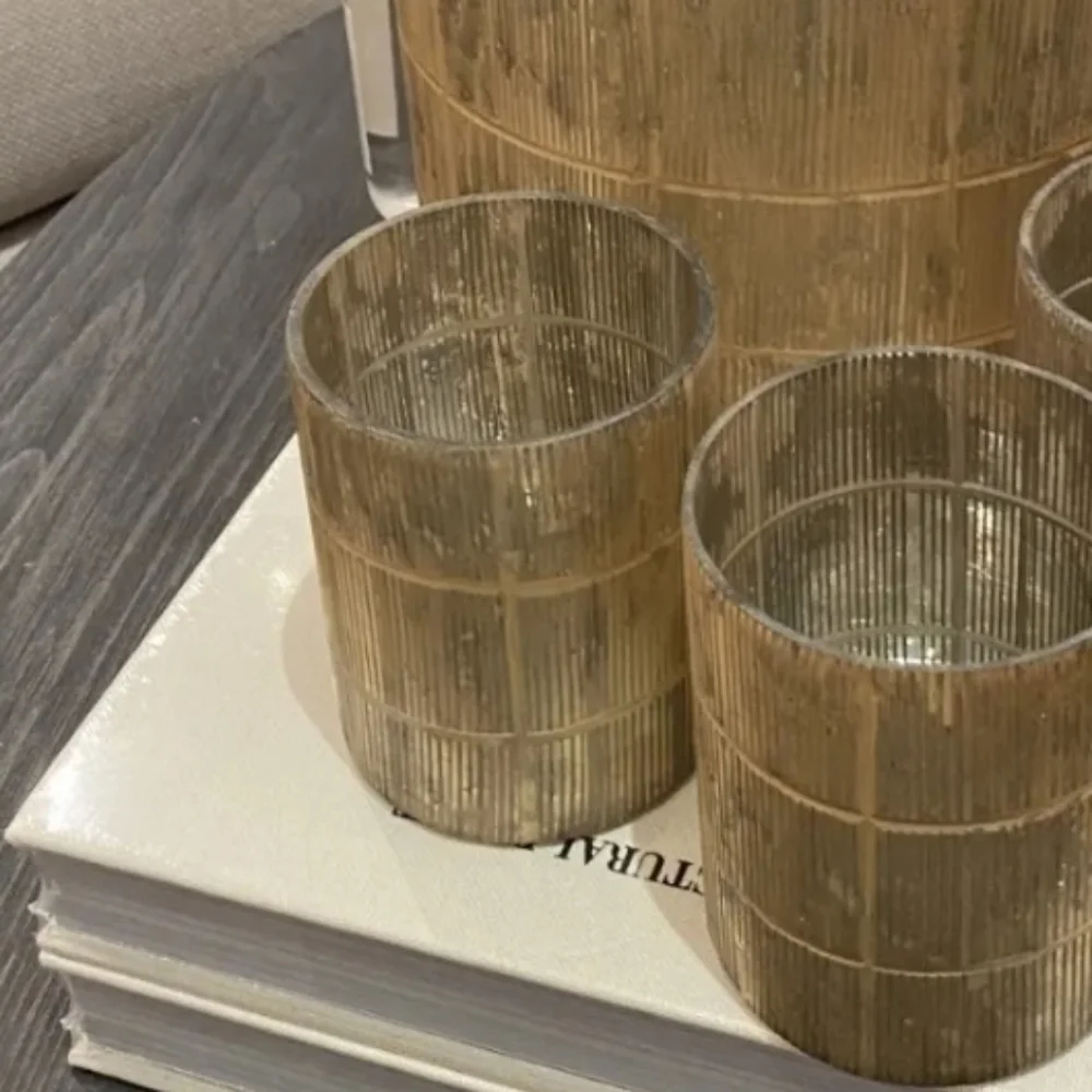 2 New Pottery Barn gold votive candle holders Linen textured & Brie copp…
